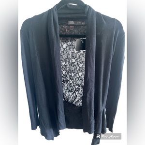 Long sleeve Lace Back Black Cardigan Sweater Size Large Ruched Open Ribbed Zara